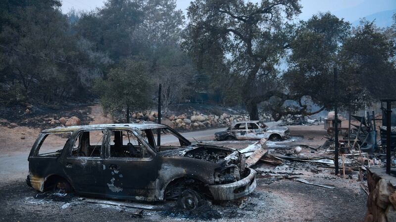 Fire ravaged vehicles parked in front of burnt out homes off Highway 33 north of Ojai, California. Photograph: Getty