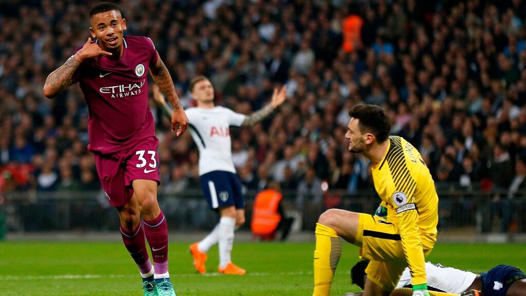 Manchester City’s Gabriel Jesus celebrates after scoring the opening goal of their Premier League win over Tottenham Hotspur at Wembley. Photo: Ian Kington/Getty Images
