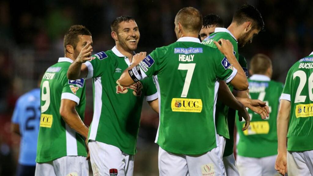 Cork City celebrate Mark O’Sullivan’s winning goal against UCD at Turner’s Cross in the SSE Airtricity League Premier Division. Photograph: Ryan Byrne/Inpho.
