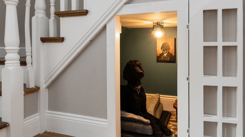 Under stairs storage converted to a home for the family dog, Miles
