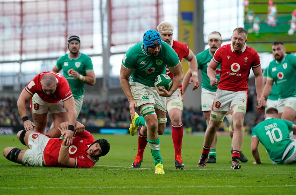 Tadhg Beirne scores Ireland's fourth try during the Guinness Six Nations match against Wales at the Aviva Stadium in Dublin. Photograph:
Niall Carson/PA Wire