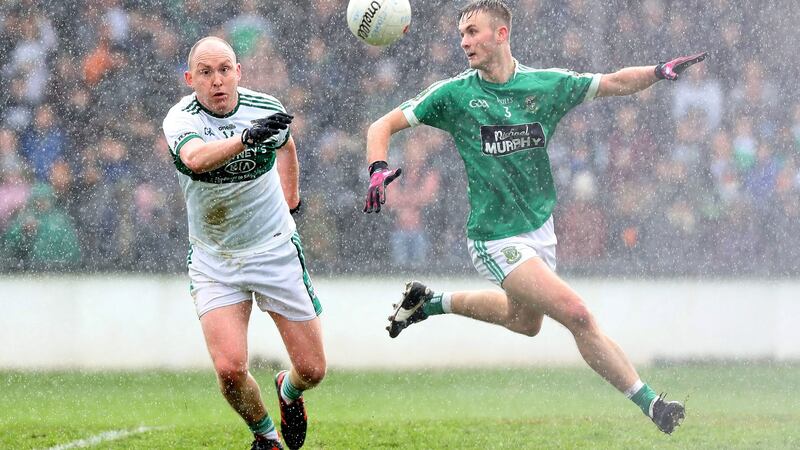 Portlaoise’s Brian McCormack and Liam Healy of Moorefield in action during the AIB Leinster Club SFC quarter-final at St Conleth’s Park in Newbridge. Phhotograph: Bryan Keane/Inpho