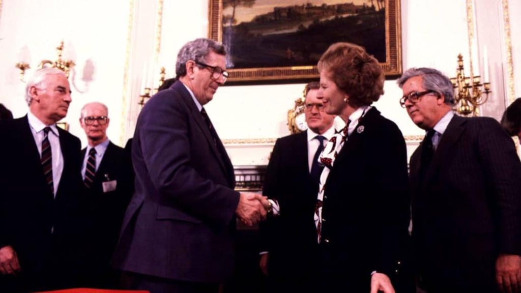 Garret FitzGerald and Margaret Thatcher shake hands after signing the Good Friday agreement in 1985. Photograph: Photocall Ireland