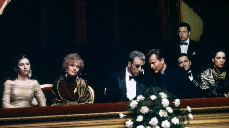 Sofia Coppola Diane Keaton, Al Pacino, John Savage, Don Novello, Andy Garcia and Talia Shire in a scene from Coda. Photograph: Paramount Pictures/Getty Images