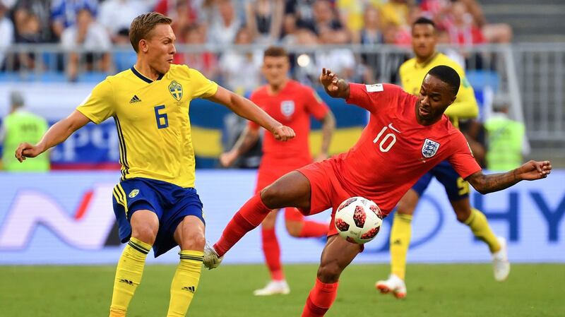 Raheem Sterling in action during England’s 2-0 win over Sweden in Samara. Photograph: Yuri Cortez/AFP/Getty