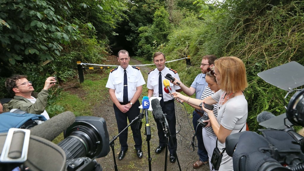 Supt Paul Murray and Chief Supt Barry McPolin speaking to the media at Rahin Woods near Edenderry, Co Offaly. Photograph: Colin Keegan/Collins