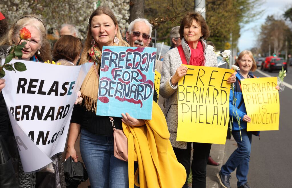 Supporters of Bernard Phelan and his family hold a vigil outside the Iranian Embassy in Blackrock, Dublin, renewing demands for his release. Photograph: Laura Hutton