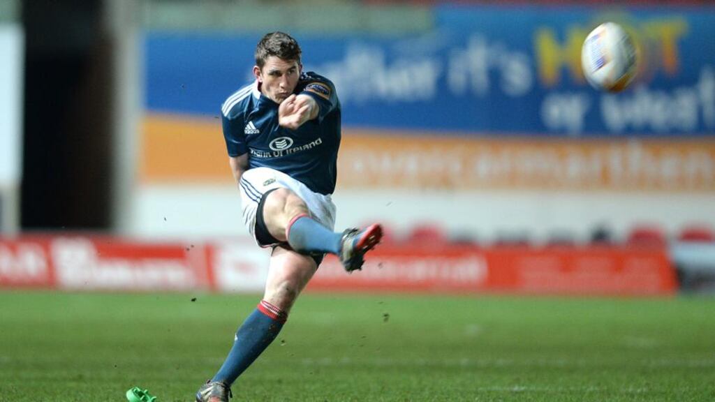 Ian Keatley kicks at goal during the match at Parc y Scarlets. Photograph: Huw Evans/Inpho