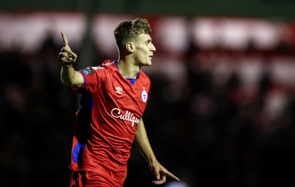 Shels' Will Jarvis celebrates scoring his sides first goal. Photograph: Evan Treacy/Inpho