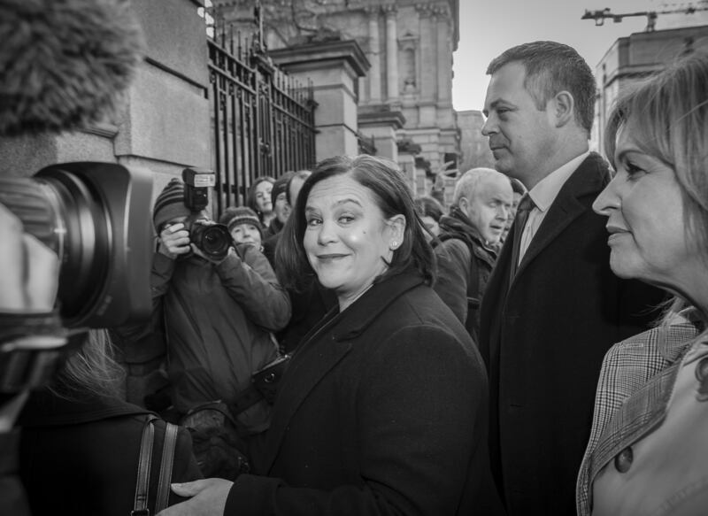1st Politics: THE CAT THAT GOT THE CREAM Sinn Féin leader Mary Lou McDonald entering Leinster House after a successful general election campaign. Photograph: Gary Ashe