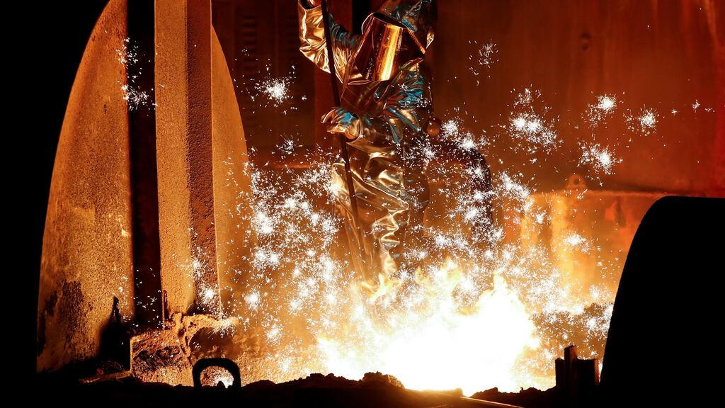 A Thyssenkrupp worker at a blast furnace in Germany’s largest steel factory, in Duisburg. Photograph: Wolfgang Rattay/Reuters