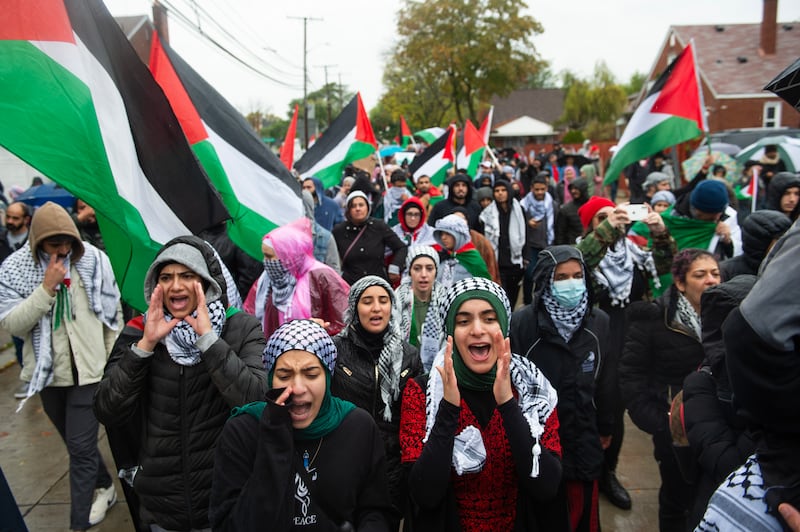 Residents of Dearborn rally in support of Palestine. Dearborn is home to one of the largest populations of Arab-Americans in the US. Photograph: Matthew Hatcher/Getty Images
