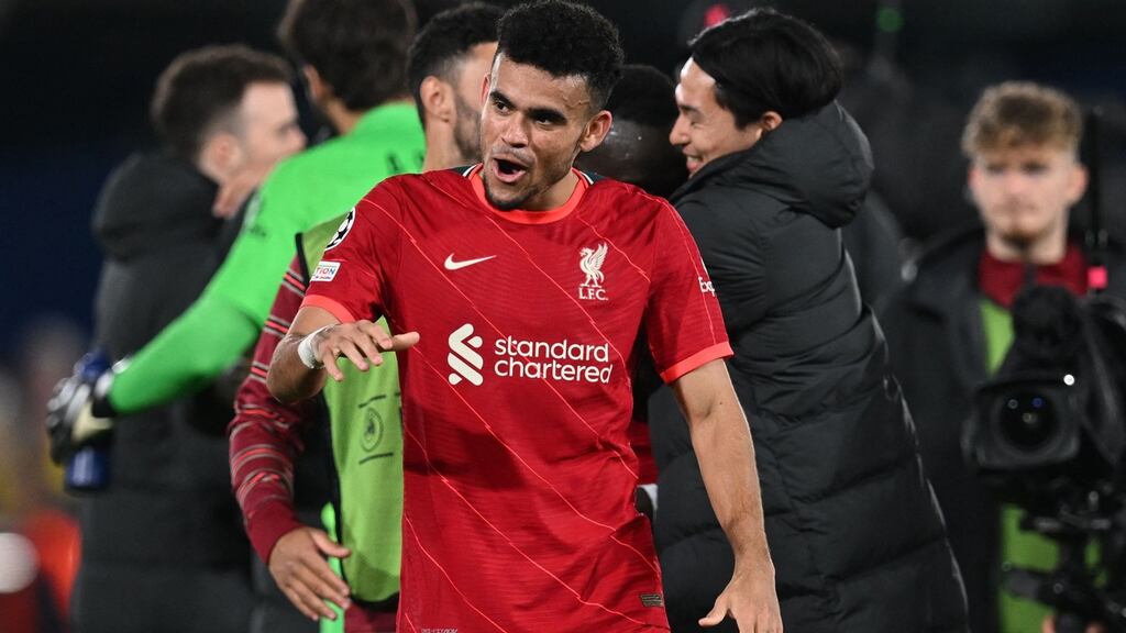 Liverpool’s  forward Luis Diaz celebrates after beating Villarreal in the Champions League. Photograph: Paul Ellis/AFP via Getty