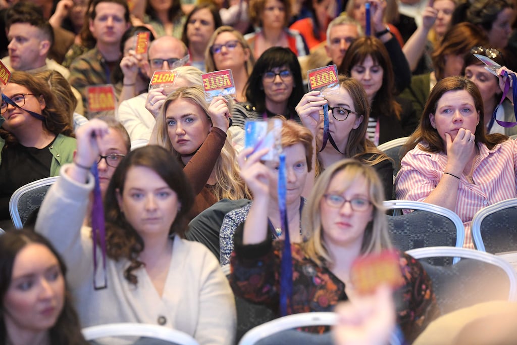 Delegates voting at the annual congress of the Irish National Teachers' Organisation in Galway. Photograph: Moya Nolan