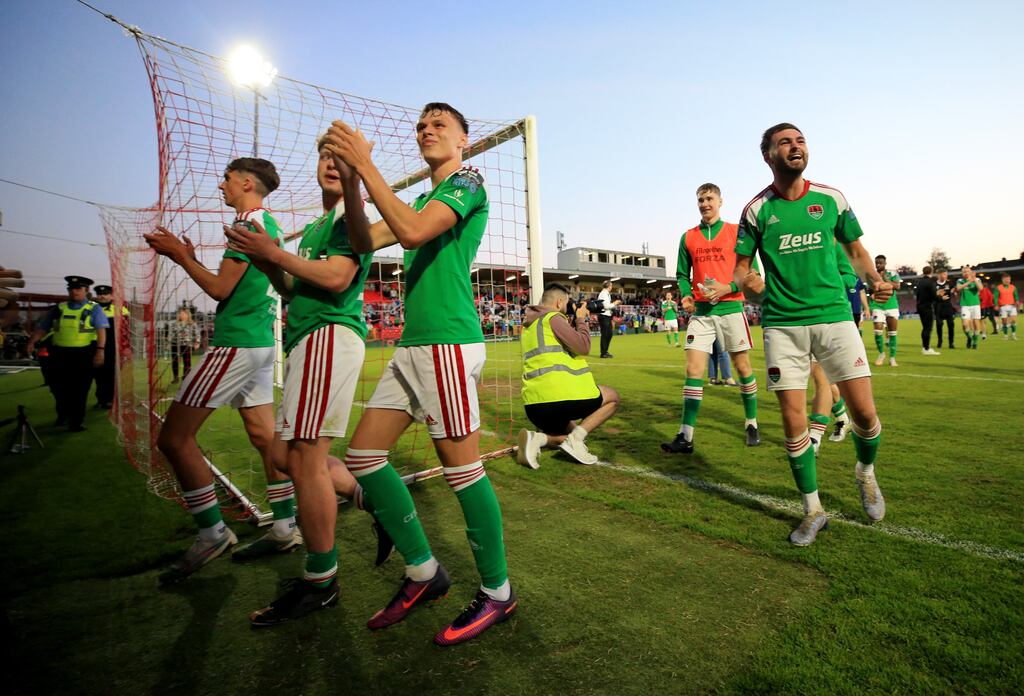 Cork City players celebrate after their win over Shamrock Rovers. Photograph: Bryan Keane/Inpho