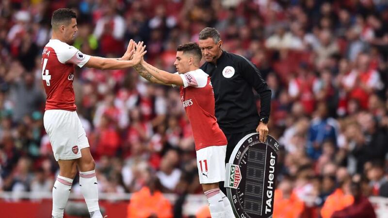 Arsenal’s Uruguayan midfielder Lucas Torreira, Unai Emery’s latest signing, comes on for Granit Xhaka (R) during last week’s Premier League match against Manchester City at the Emirates Stadium. Photograph: Glyn Kirk/AFP