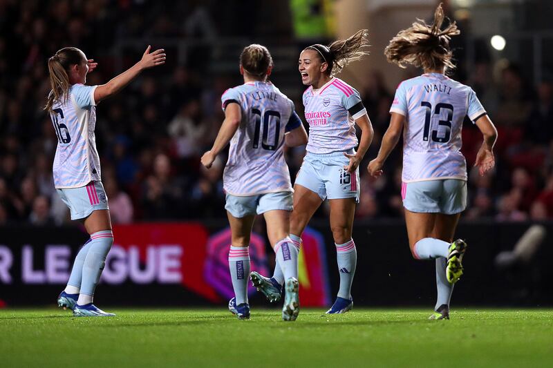 Katie McCabe of Arsenal celebrates after scoring the team's first goal during the Barclays Women's Super League match between Bristol City and Arsenal FC in Bristol last Sunday. Photograph: Ryan Hiscott/Getty Images