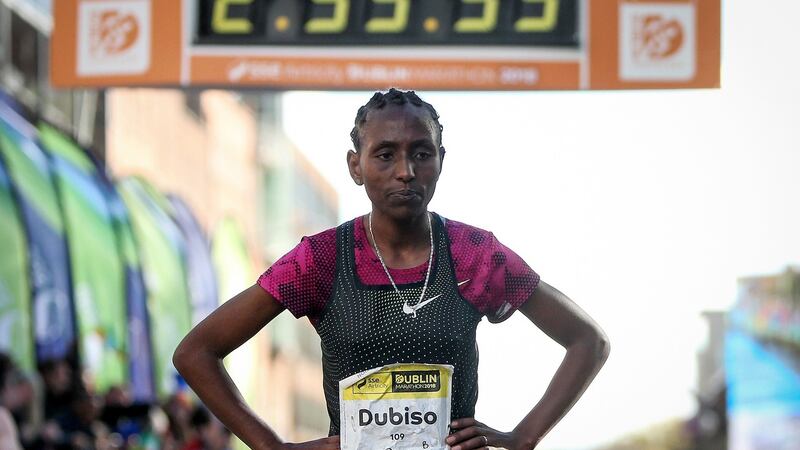 Ethiopia’s Mesera Dubiso finished first in the women's race in the Dublin Marathon. Photograph: Oisin Keniry/Inpho