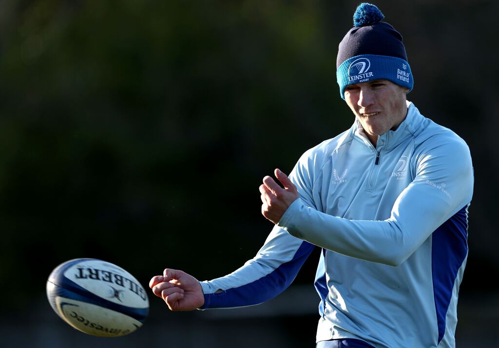 Sam Prendergast in training with Leinster at UCD on Tuesday. Photograph: Andrew Conan/Inpho