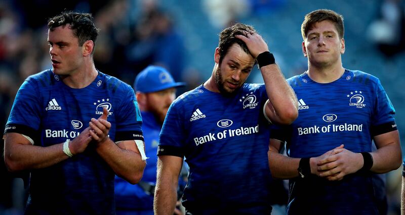 A dejected James Ryan alongside Caelan Doris and Joe McCarthy after the game. Photograph: Ryan Byrne/Inpho