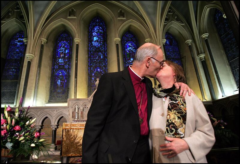 The Rt Revd Alan Harper, Bishop of Connor, with his wife Helen at the announcement of his election as Archbishop of Armagh and Primate of All Ireland, in St Patrick's Cathedral Dublin. Photograph: Brenda Fitzsimons
