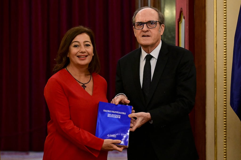 Spain's parliamentary president Francina Armengol and national ombudsman Angel Gabilondo pose for photographs at the Congress of Deputies in Madrid on Friday after the report on the country's first independent inquiry into the abuse of minors within the Catholic Church was delivered. Photograph: Javier Soriano/AFP via Getty Images