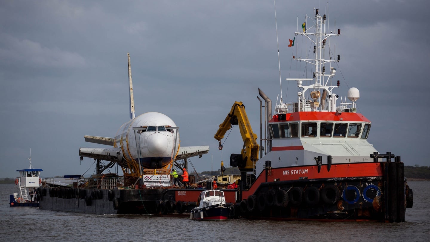 A decommissioned Boeing 767 has started a gruelling 36 hour journey by sea from Shannon Airport to Enniscrone, Co Sligo where it will find a new home as part of a glamping village being developed there by businessman David McGowan. Photograph: Alan Place/Fusionshooters
