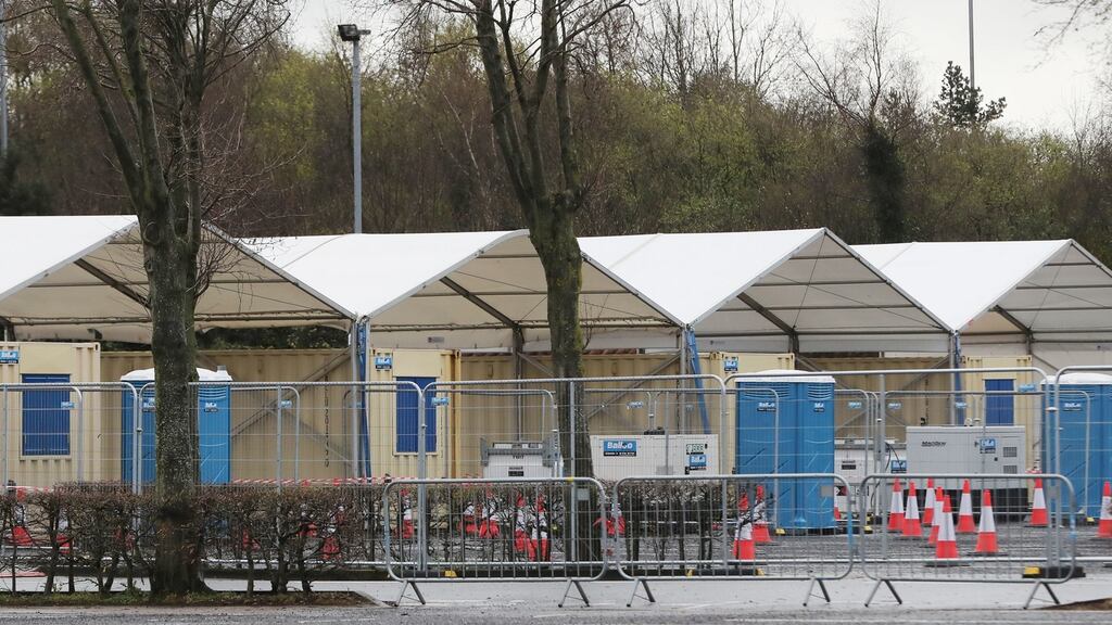 A drive-thru coronavirus testing facility being built in the car park of the SSE Arena in Belfast. A DUP councillor has apologised after being criticised for linking the virus to abortion and same-sex marriage being made legal in the North. Photograph: Niall Carson/PA Wire.