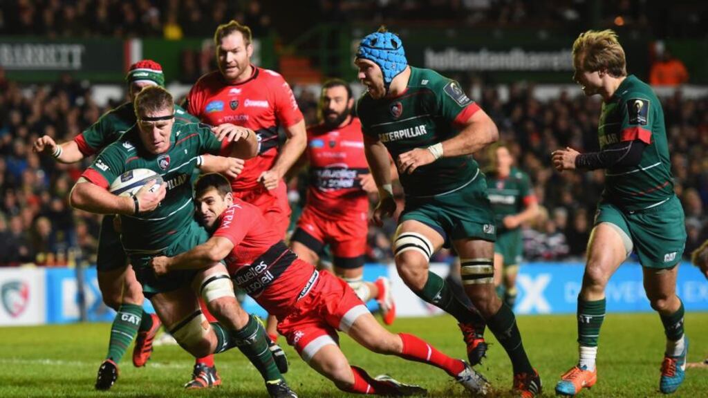 Leicester’s  Brad Thorn scores his side’s  first try during their European Rugby Champions Cup Pool 3 match against Toulon at Welford Road, Leicester, England. Photograph: Shaun Botterill/Getty Images
