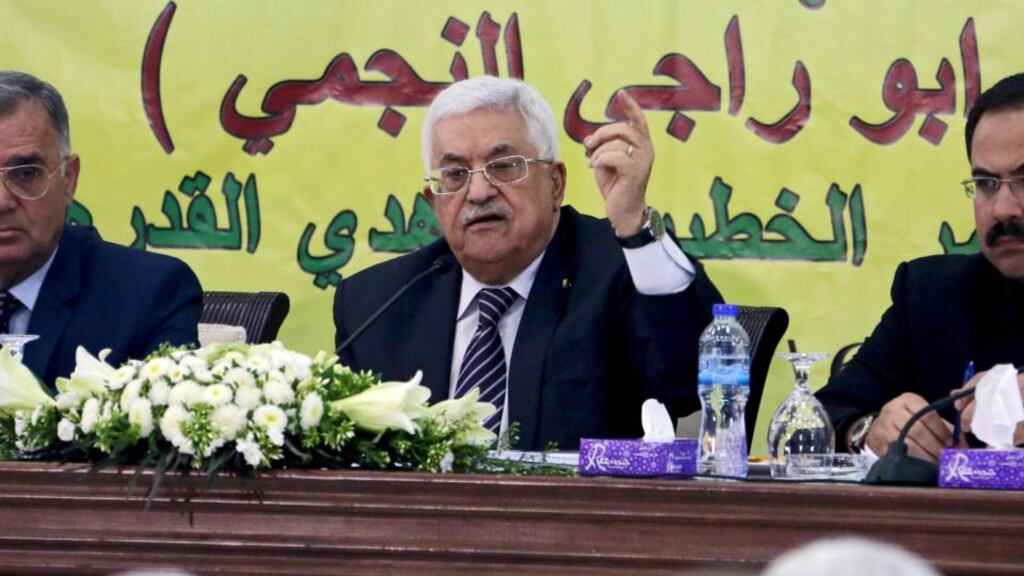 Palestinian president Mahmoud Abbas addressing the Revolutionary Council in the West Bank town of Ramallah. Photograph: OSAMA FALAH/EPA