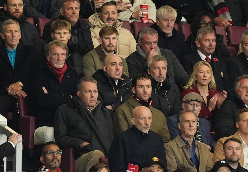 Manchester United minority shareholder Jim Ratcliffe, CEO Omar Berrada (centre) and technical director Jason Wilcox (right). Photograph: Martin Rickett/PA