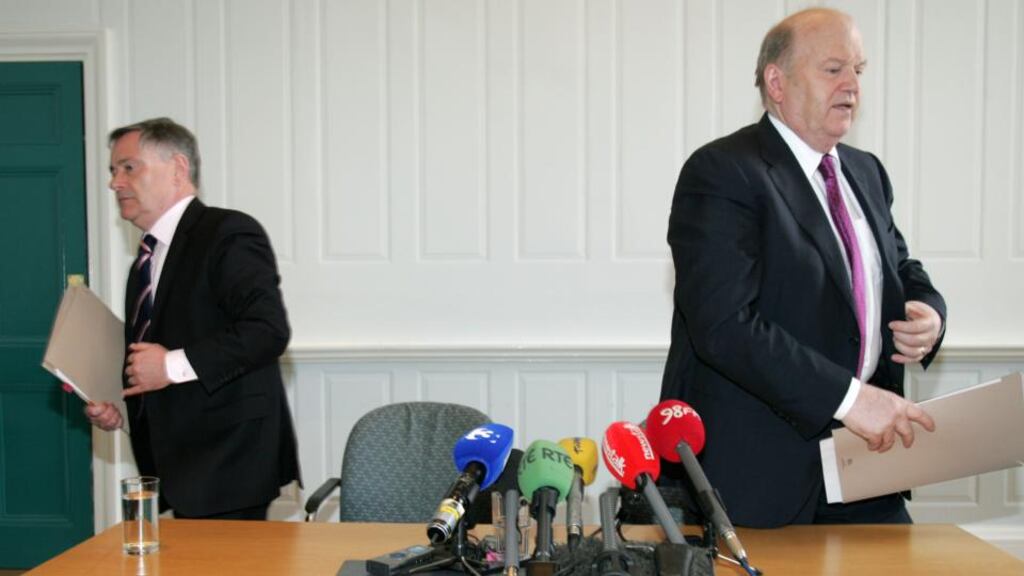 Labour Minister for Public Expenditure and Reform Brendan Howlin and Fine Gael Minister for Finance Michael Noonan. Labour’s problems are compounded by the fact that its own pre-election pledges and promises were made in laboratory conditions and could not be sustained. Photograph: Frank Miller