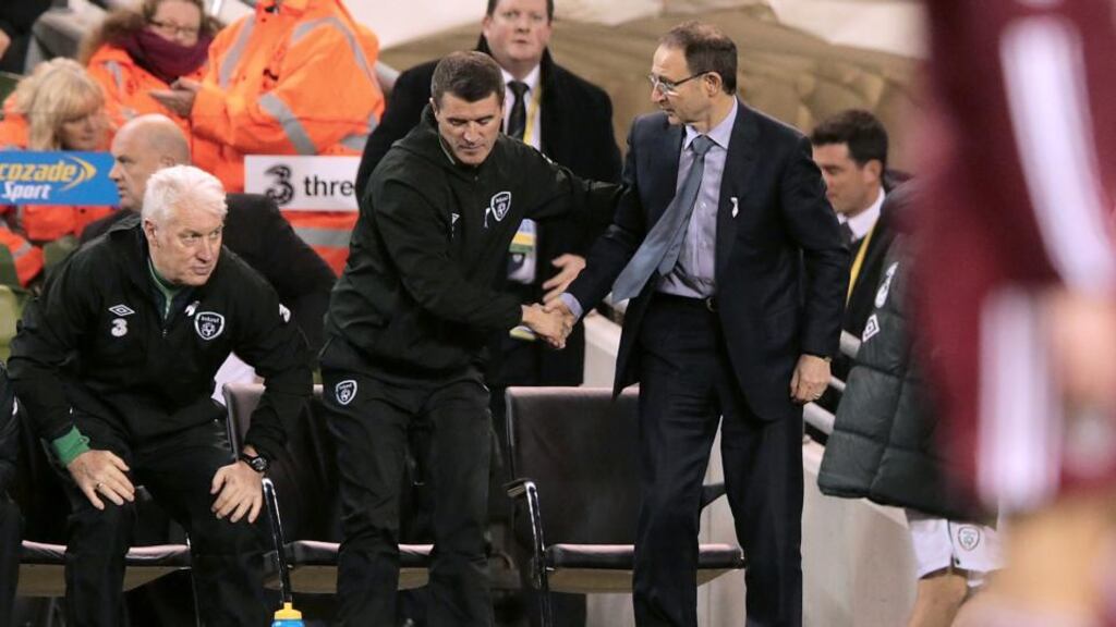 Martin O’Neill and Roy Keane shake hands after the win in the Aviva last night. Photograph: Morgan Treacy/INPHO