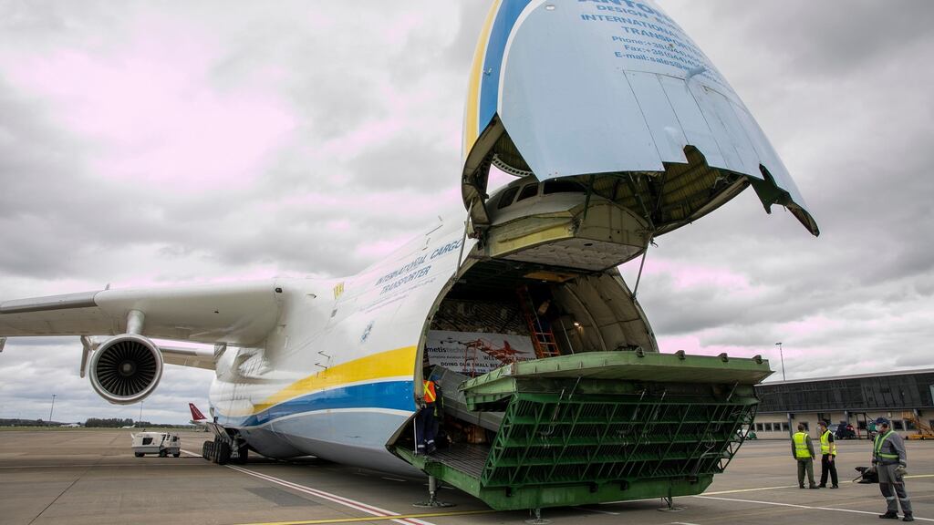 The world’s largest aircraft, the Antonov 225, touches down at Shannon Airport with Ireland’s largest consignment of PPE in a single flight. Photograph: Arthur Ellis