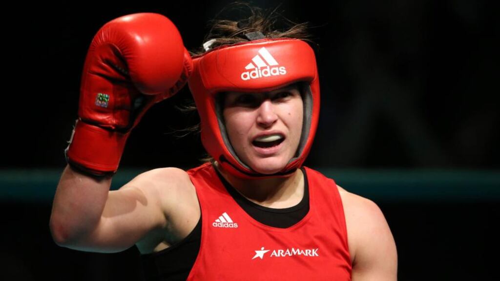Katie Taylor celebrates after her win over Bulgarian Denista Eliseeva at the Royal Theatre in Castlebar. Photograph: Cathal Noonan/Inpho