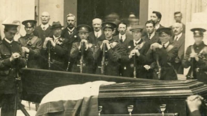 1916 and Me: Joan Byrne’s grandfather PJ Byrne (fourth right) at O’Donovan Rossa’s lying-in-state, in 1915. Photograph: Family collection