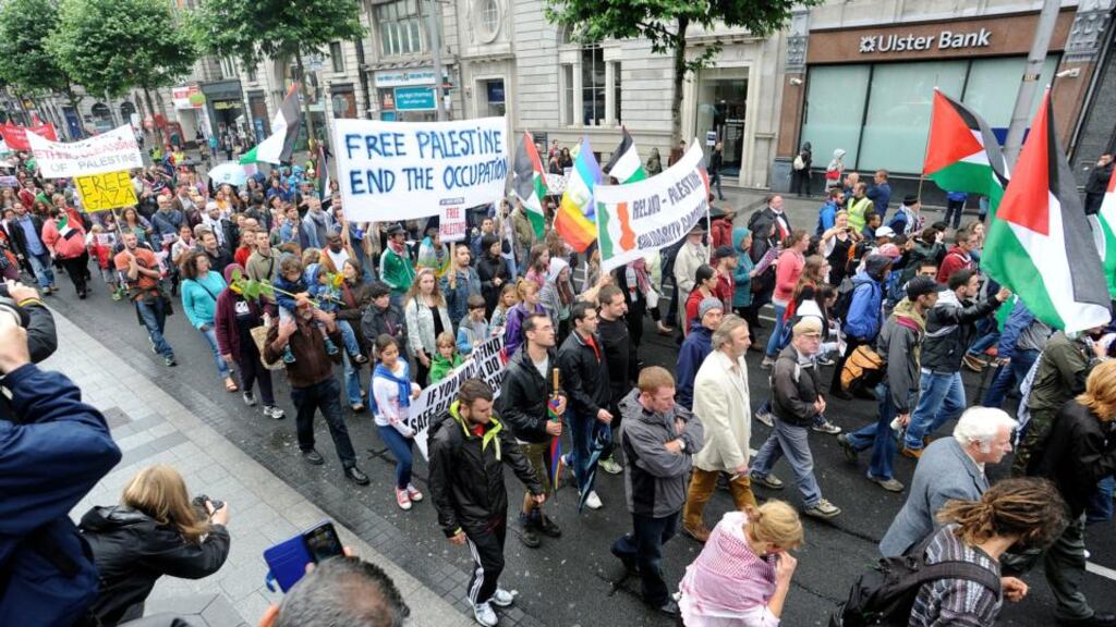 A march protesting the Israeli treatment of Gaza, organised by The Ireland Palestine Solidarity Campaign (IPSC) today, which started at the Garden of Remembrance and finished the Dept of Foreign Affairs on St Stephen’s Green. Photograph: Dave Meehan/The Irish Times