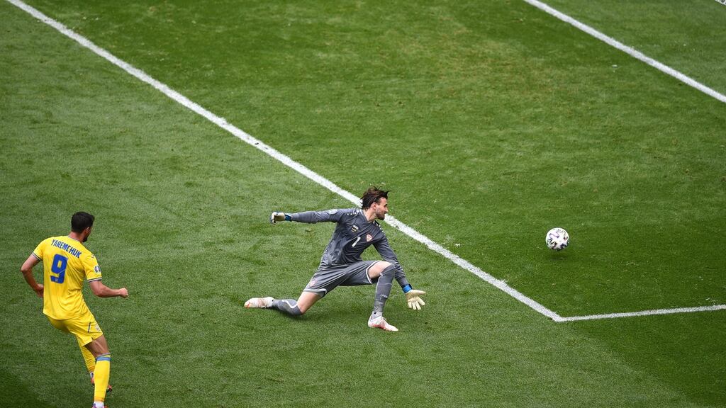 Roman Yaremchuk scores Ukraine’s second against North Macedonia. Photograph: Mihai Barbu/EPA