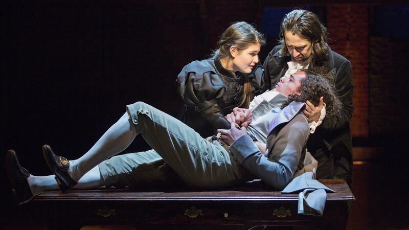 Hamilton: Phillipa Soo, Anthony Ramos and Lin-Manuel Miranda in the stage production. Photograph: Sara Krulwich/New York Times