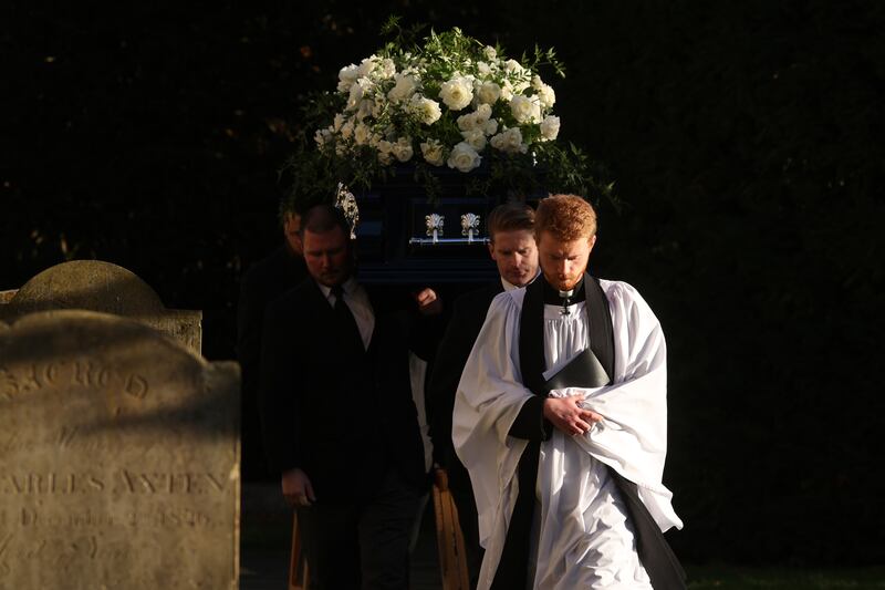 A priest leads the coffin out following the funeral of singer Liam Payne. Photograph: Dan Kitwood/Getty Images