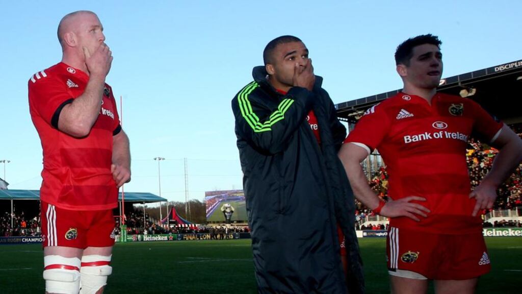 Paul O’Connell, Simon Zebo and Ronan O’Mahony cut forlorn figures after Munster’s 33-10 humbling away to Saracens. (Photograph: INPHO/James Crombie)
