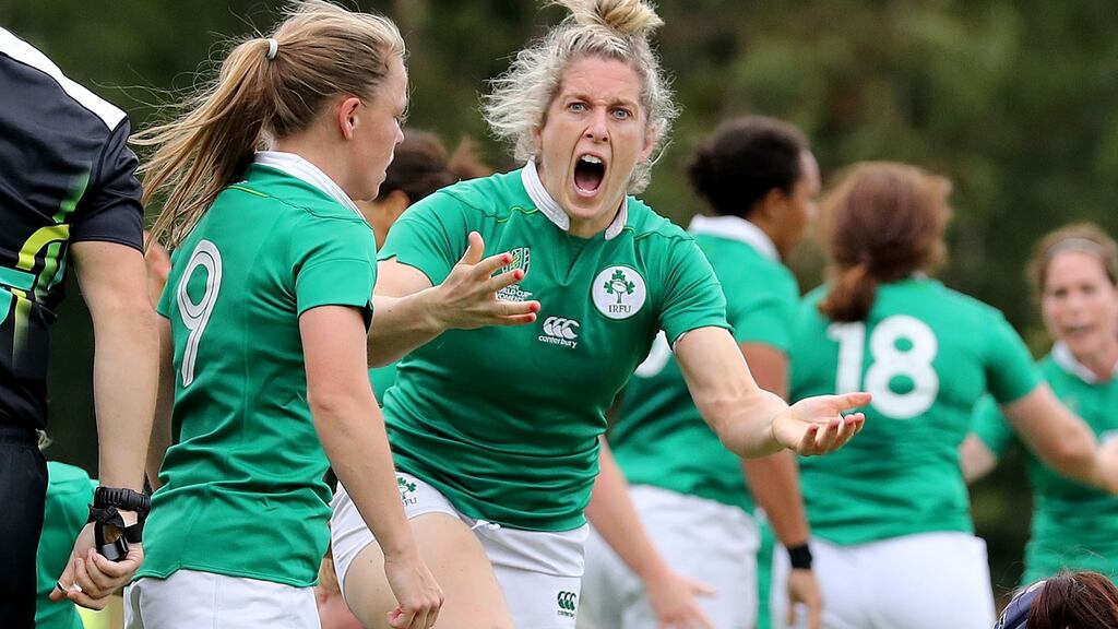 Ireland’s Alison Miller celebrates scoring her side’s first try against Japan at the UCD Bowl. Photograph: Dan Sheridan/Inpho