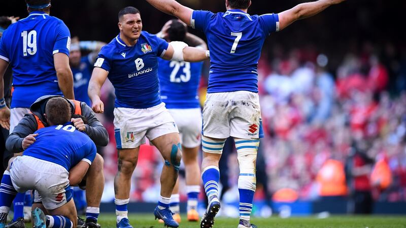 The Italy team celebrate their famous win over Wales last weekend. Photograph: Andy Watts/Inpho