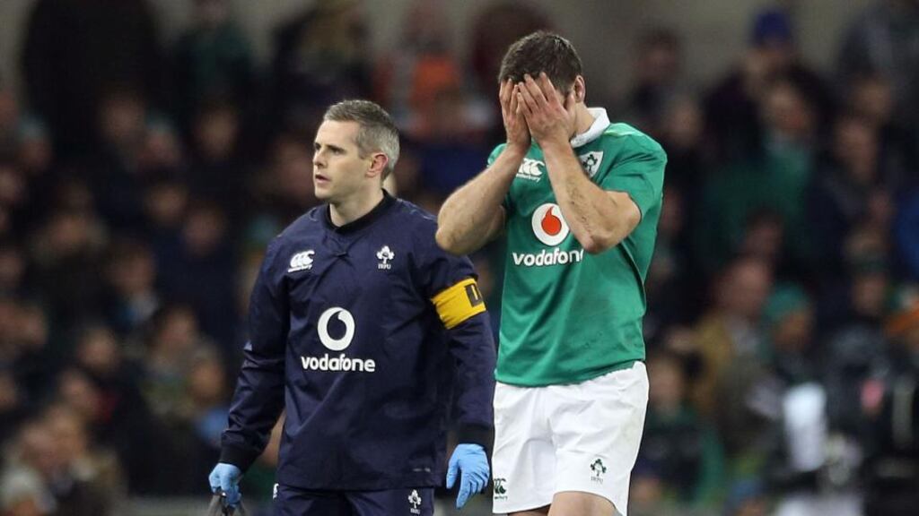 Ireland outhalf Johnny Sexton reacts after sustaining a hamstring injury against New Zealand at the Aviva Stadium. Photograph: Lorraine O’Sullivan