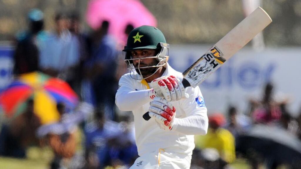 Pakistan cricketer Mohammad Hafeez plays a shot during the final day of the opening Test match between Sri Lanka and Pakistan at the Galle International Cricket Stadium in Galle. Photograph: AFP Photo