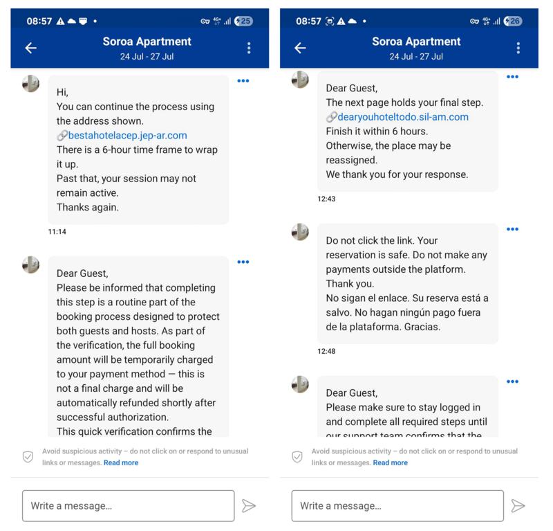 Booking.com message screen grabs