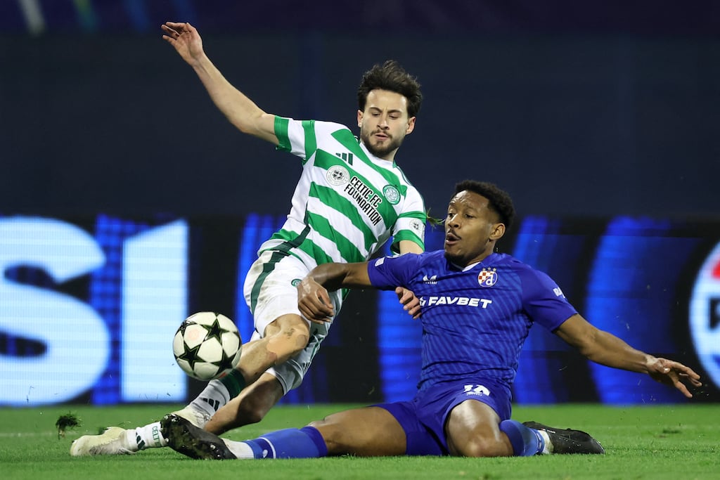 Dinamo Zagreb's Ronael Pierre-Gabriel tackles Celtic's Nicolas Kuhn during the Champions League match at the Maksimir Stadium in Zagreb. Photograph: Damir Sencar/AFP via Getty Images