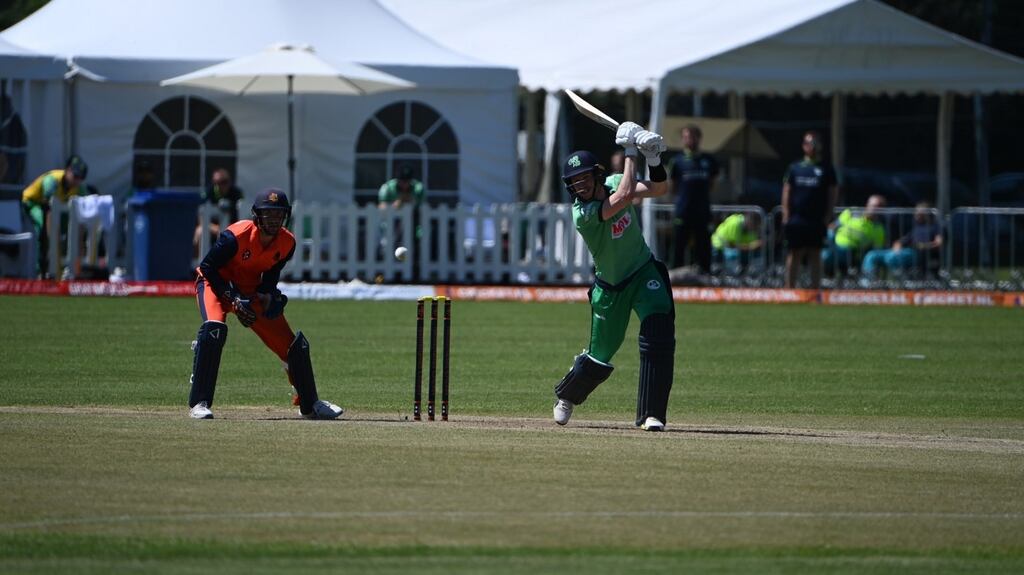 George Dockrell in action during his innings of 40 during the third ODI against the Netherlands at the SV Kampong ground in Utrecht on Monday. Photograph: Netherlands Cricket