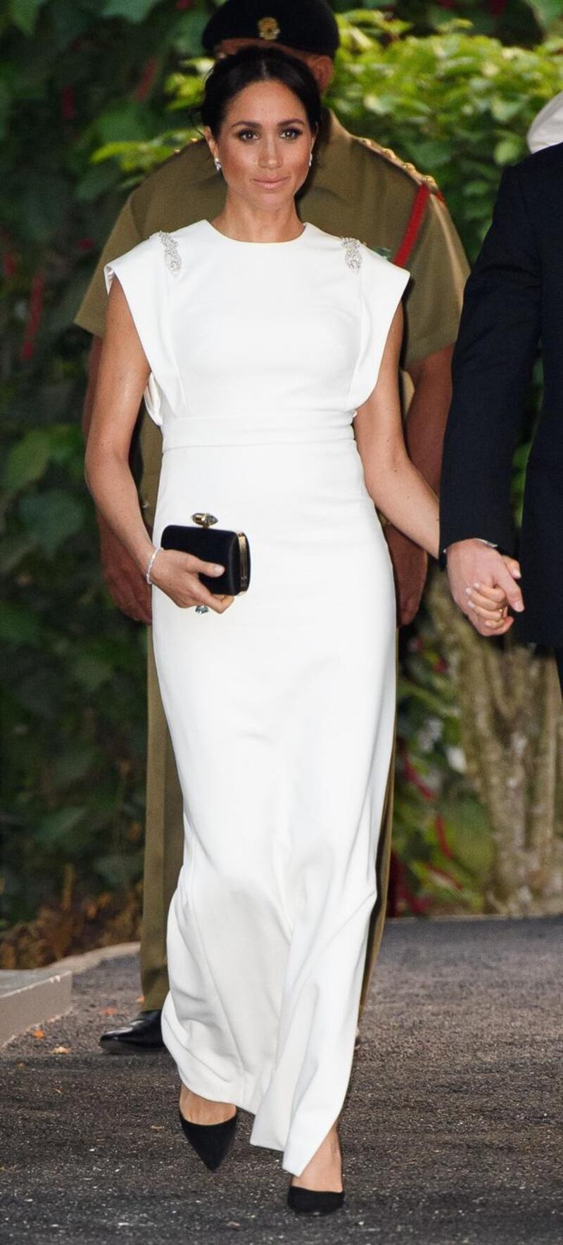The Duchess of Sussex in a white crépe gown by  Irish designer Don O’Neill. Photograph:  Pool/Samir Hussein/WireImage