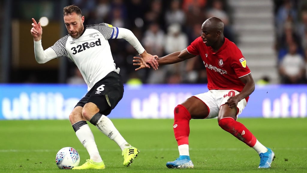 Derby County have launched an investigation into an alleged incident involving Richard Keogh after the Carabao Cup defeat at Nottingham Forest. Photograph: Bradley Collyer/PA Wire